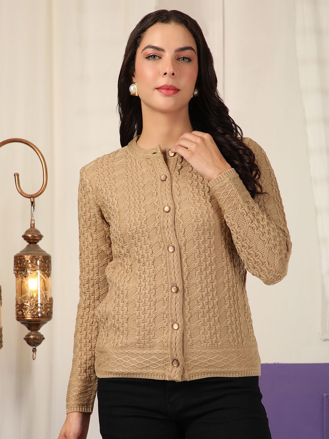 

Cayman Women Cable Knit Woollen Cardigan, Camel brown