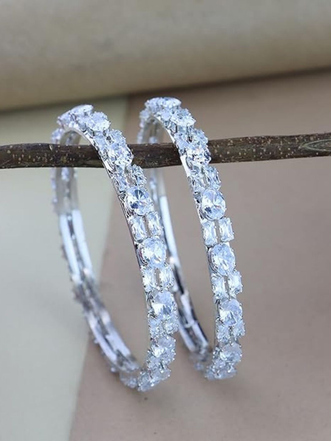 

I Jewels Set of 2 Sliver Plated Cubic Zirconia Stone Studded Bangles, Silver