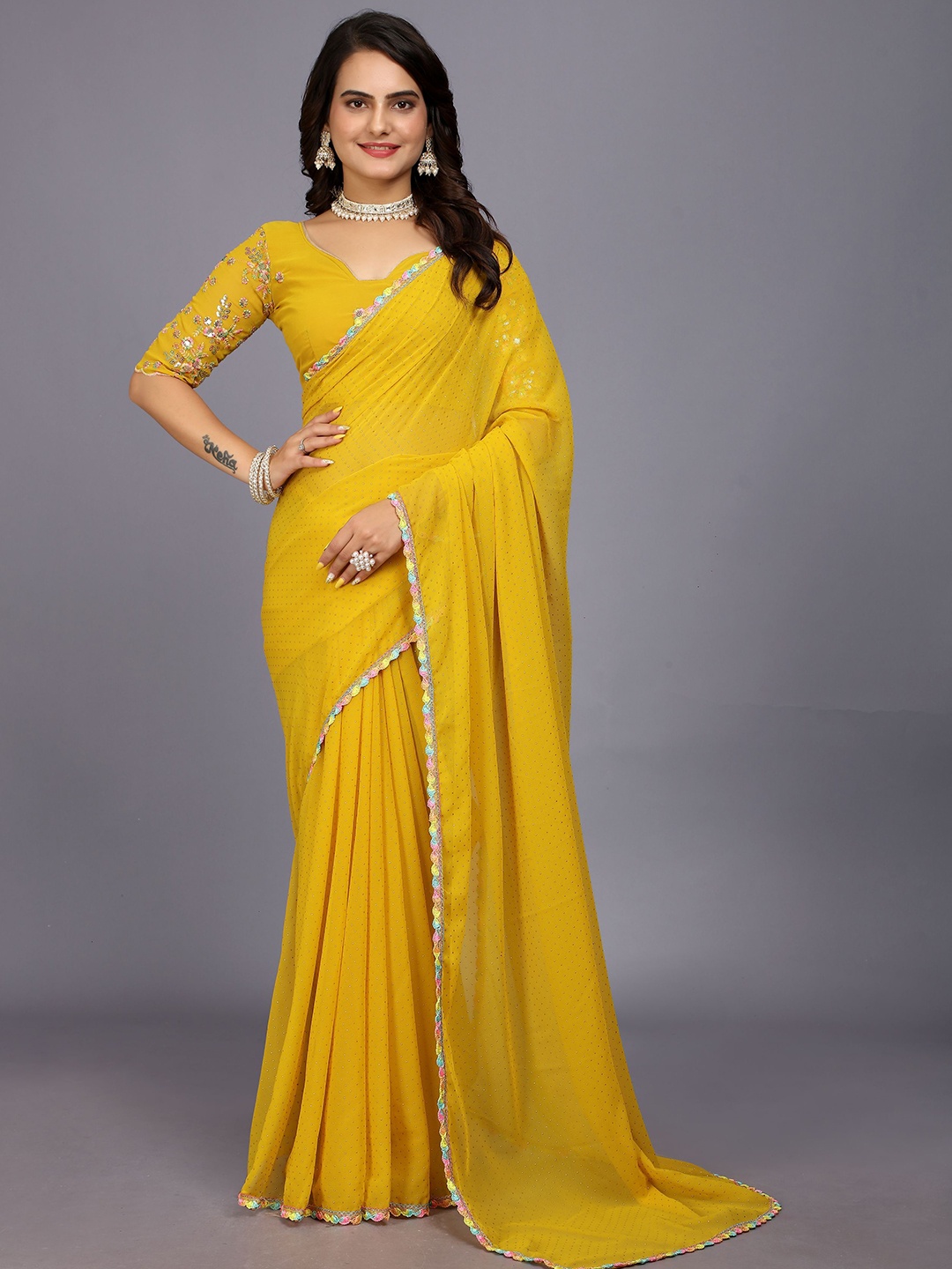 

Rhey Embellished Saree Lace Border, Yellow