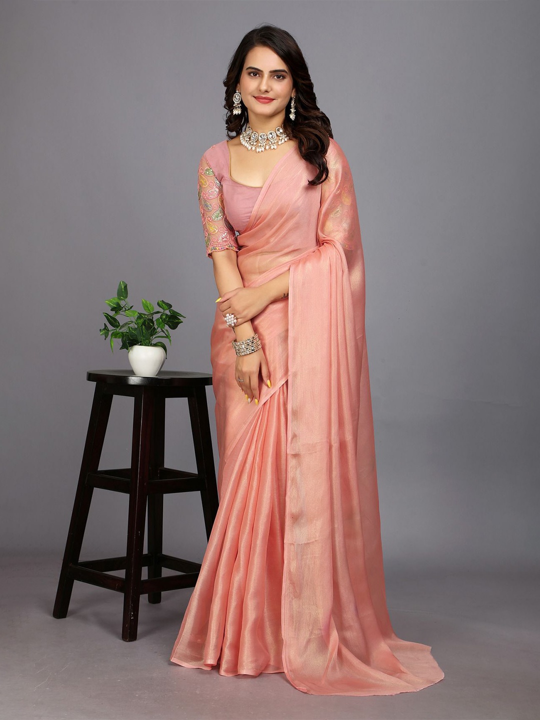 

Aardiva Women Solid Shimmer Saree with Embroidered Blouse Piece, Pink