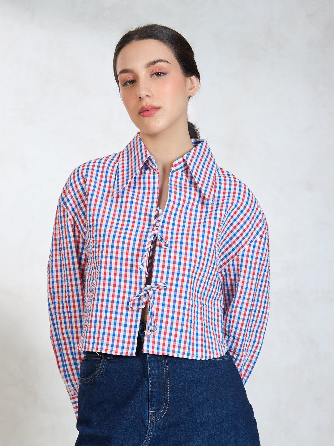 

Virgio Women Cotton Shirt Collar Crop Length Checks Full Sleeve Shirt, Blue