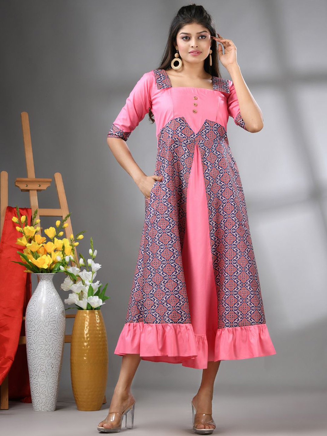 

Charukriti Ajrat Ethnic Motifs Printed Ethnic A-Line Midi Dress, Pink