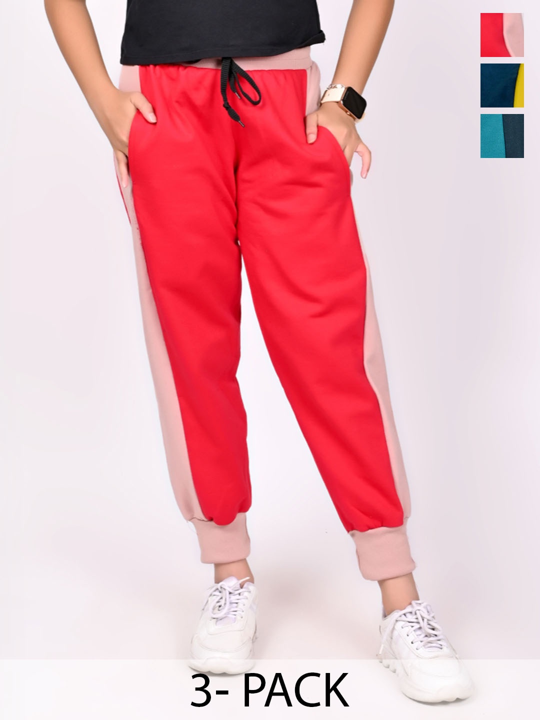 

BAESD Girls Mid-Rise Joggers Solid Track Pants Pack Of 3, Red