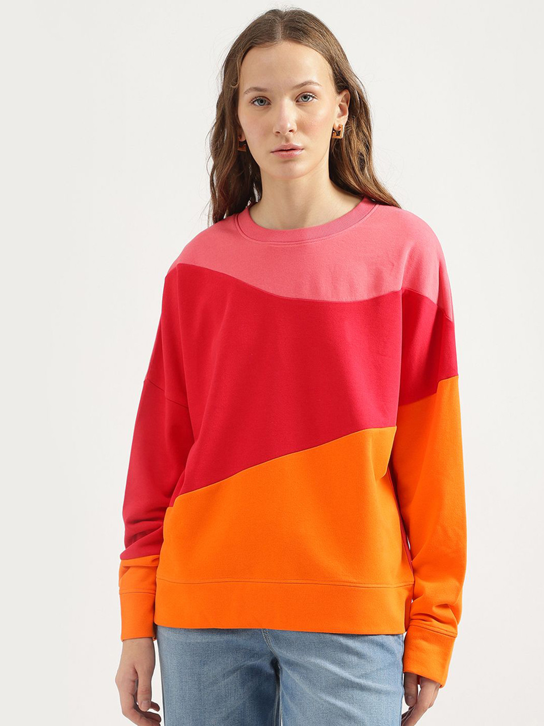 

United Colors of Benetton Women Colourblocked Round Neck Cotton Pullover Sweatshirt, Pink