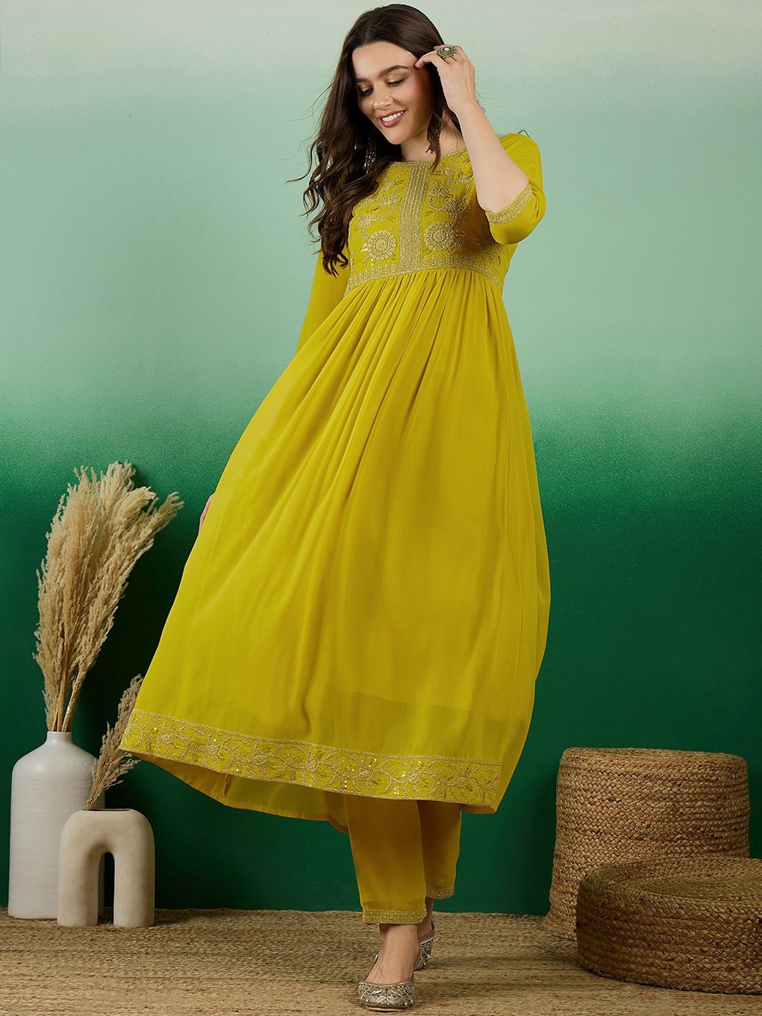 

Sangria Embroidered Thread Work A-Line Kurta & Trouser Set, Yellow