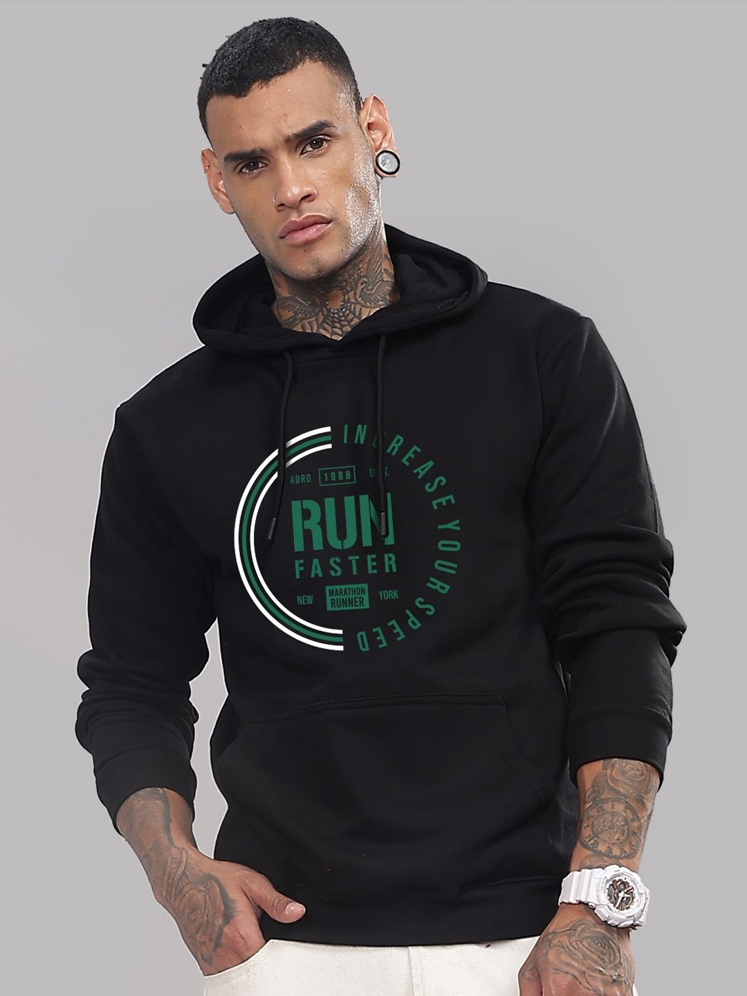 

ADRO Men Typography Printed Hood Cotton Pullover Sweatshirt, Black