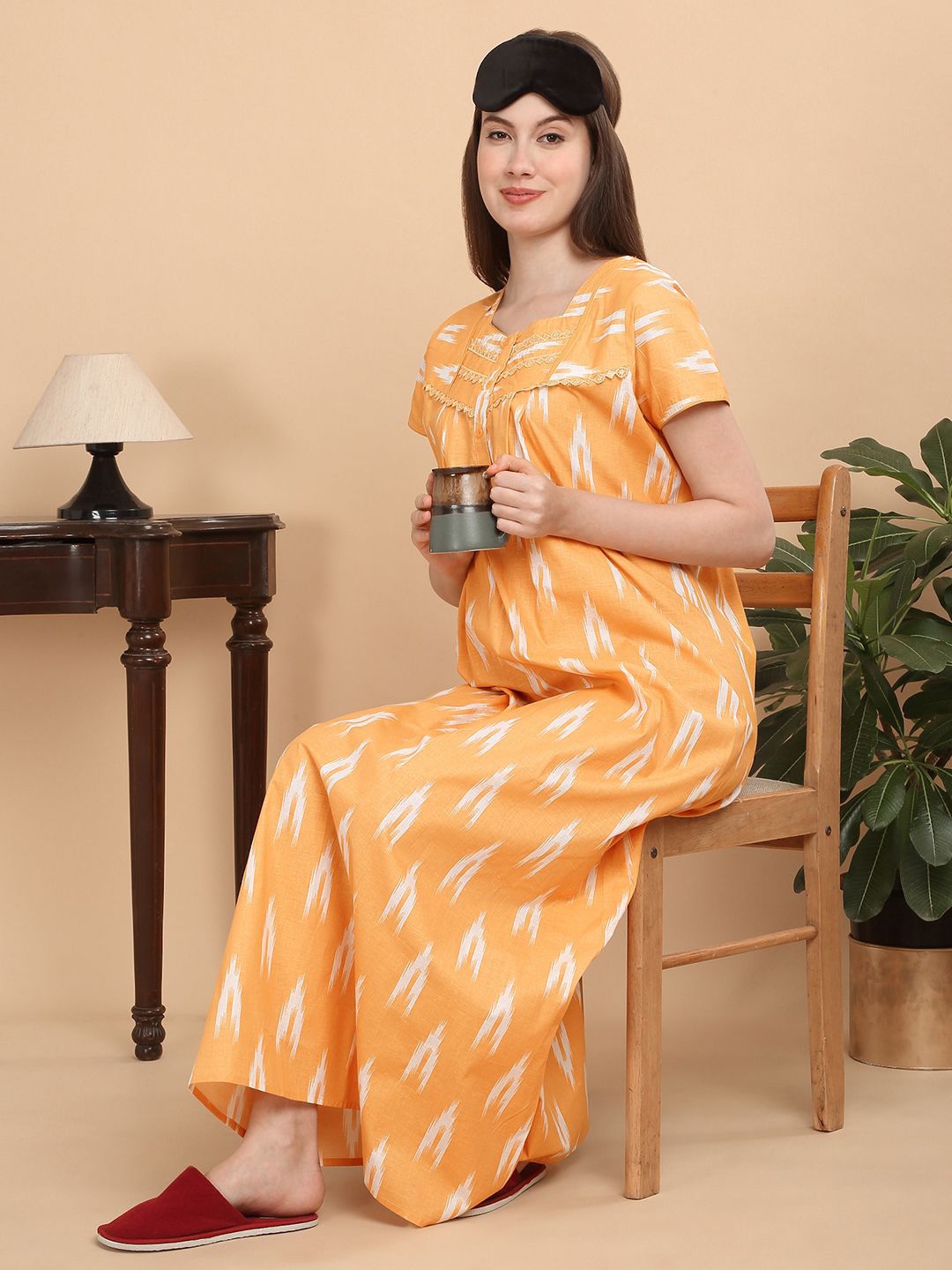 

Sweet Dreams Women Pure Cotton Geometric Printed Maxi Nightdress, Yellow