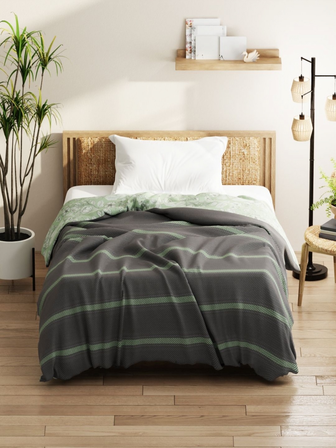 

KOPA Grey & Green Striped Microfiber AC Room 120 GSM Single Bed Comforter