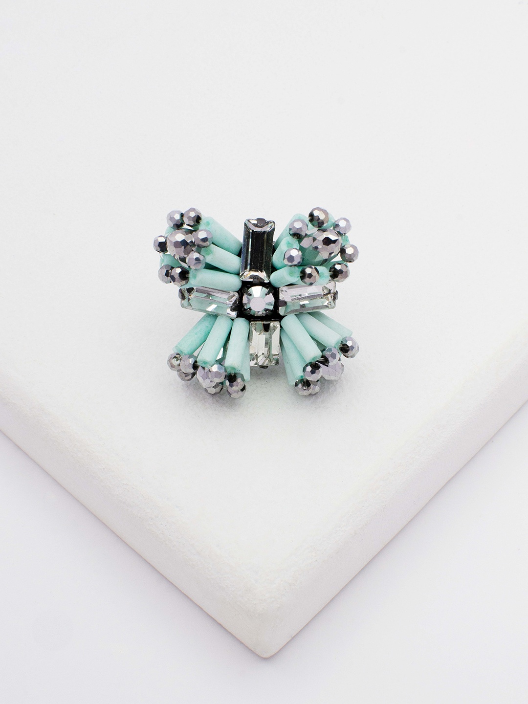 

Rhea Rhodium-Plated Stone-Studded Finger Ring, Turquoise blue