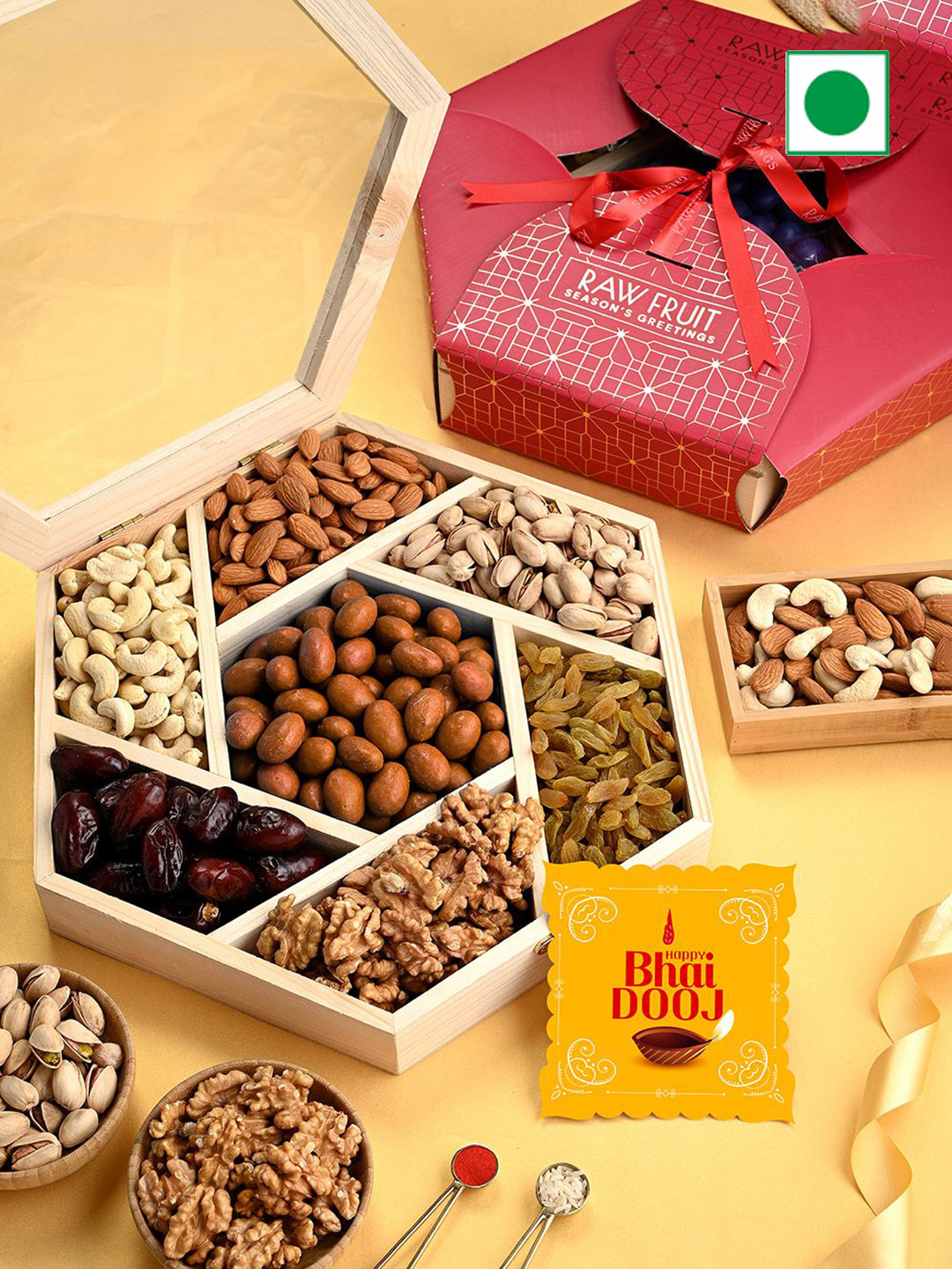 

RawFruit Bhai Dooj Dry Fruit Gift Pack With Roli Chawal, Red