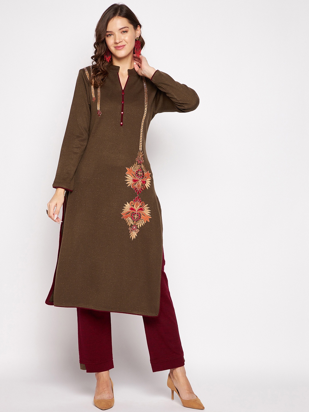 

Zigo Winter Wear Ethnic Motifs Embroidered Regular Thread Work Pure Wool Straight Kurta with Palazzos, Maroon