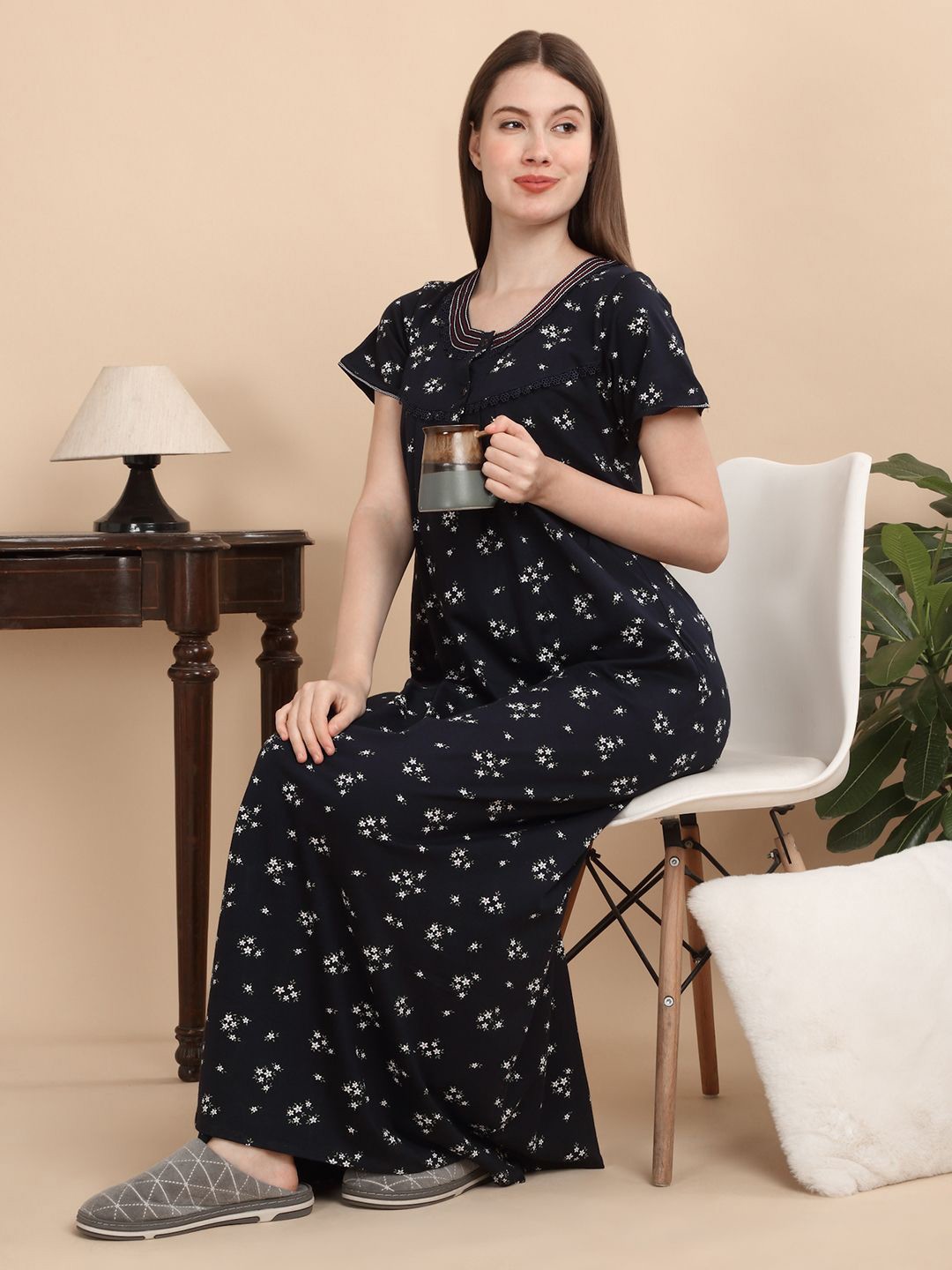 

Sweet Dreams Women Printed Maxi Pure Cotton Nightdress, Navy blue