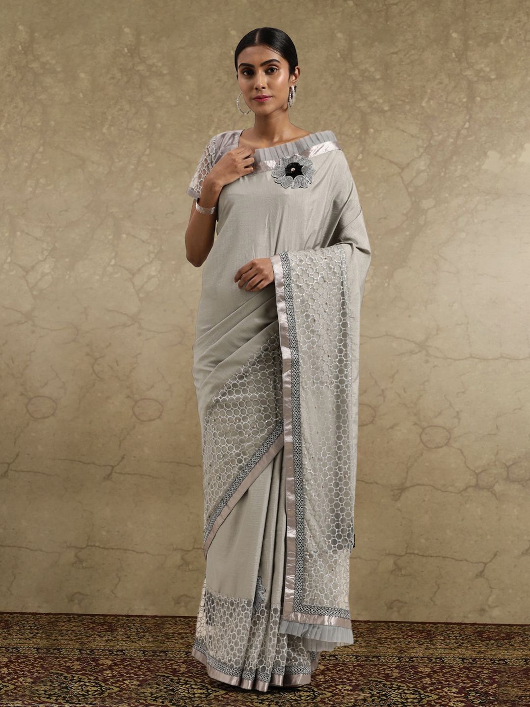 

Sangria Embellished Embroidered Poly Georgette Sarees, Grey