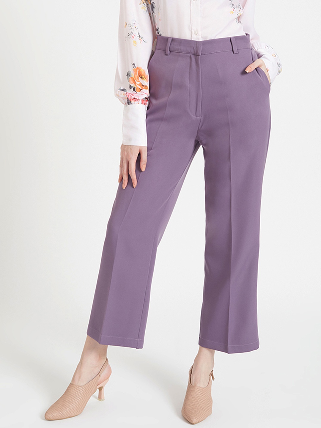 

AMSWAN Women Solid Smart Straight Fit High-Rise Trousers, Purple
