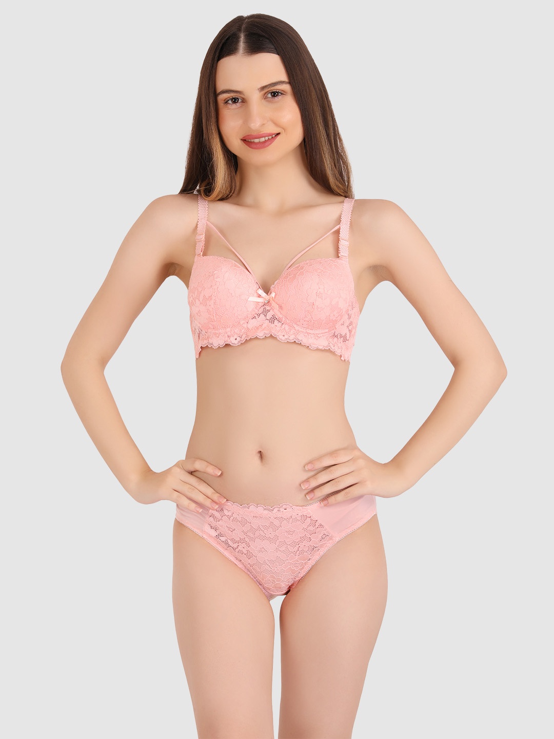 

BRACHY Laced Heavily Padded Lingerie Set BCA_SET3379-30B-Peach, Pink