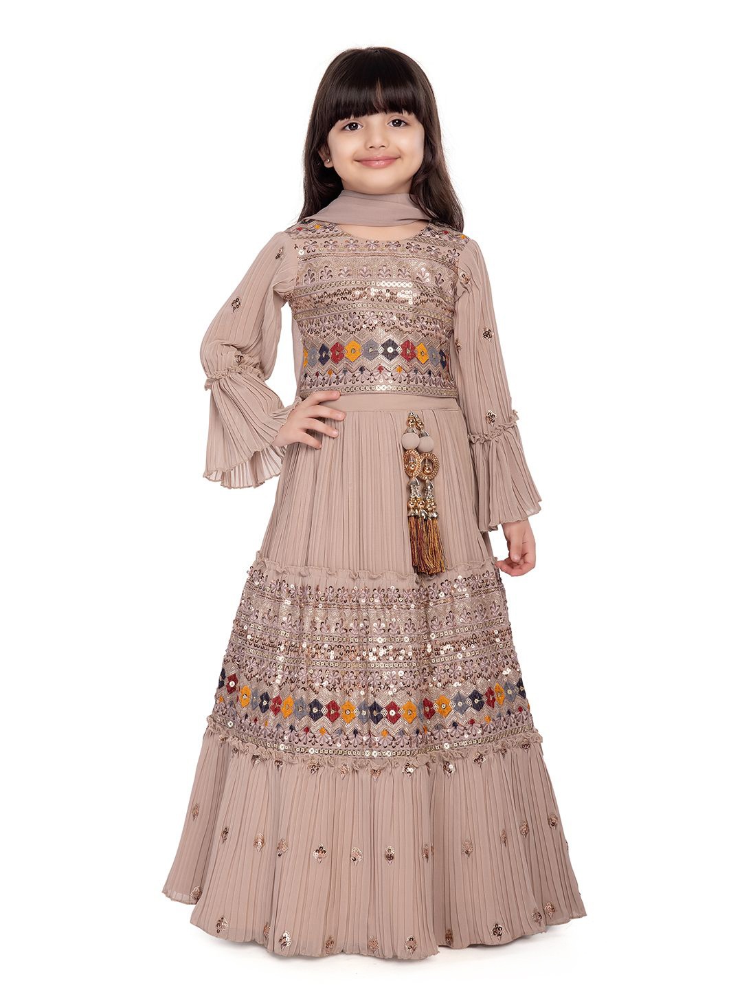 

BETTY Girls Embellished Sequinned Ready to Wear Lehenga & Blouse With Dupatta, Nude