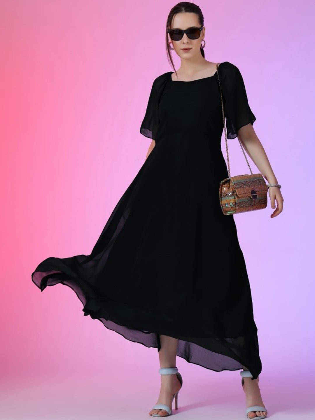 

Raiyani Enterprise Bell Sleeve Georgette Maxi Dress, Black