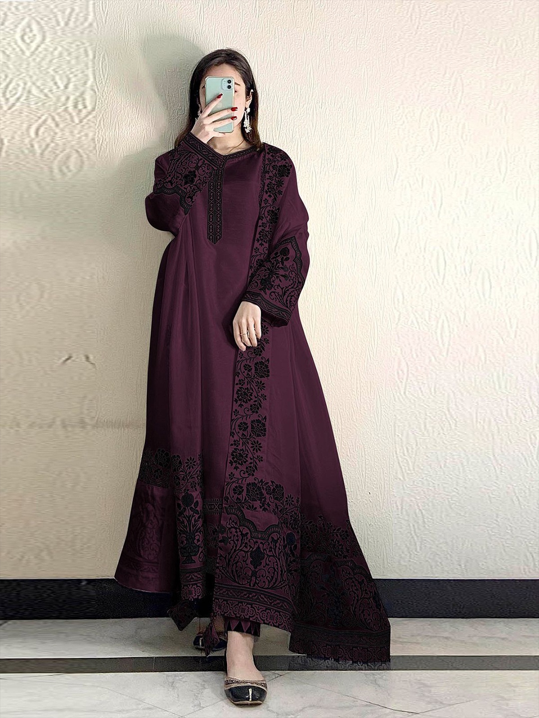 

ODETTE Floral Embroidered Beads and Stones Georgette A-Line Kurta with Trousers & Dupatta, Violet