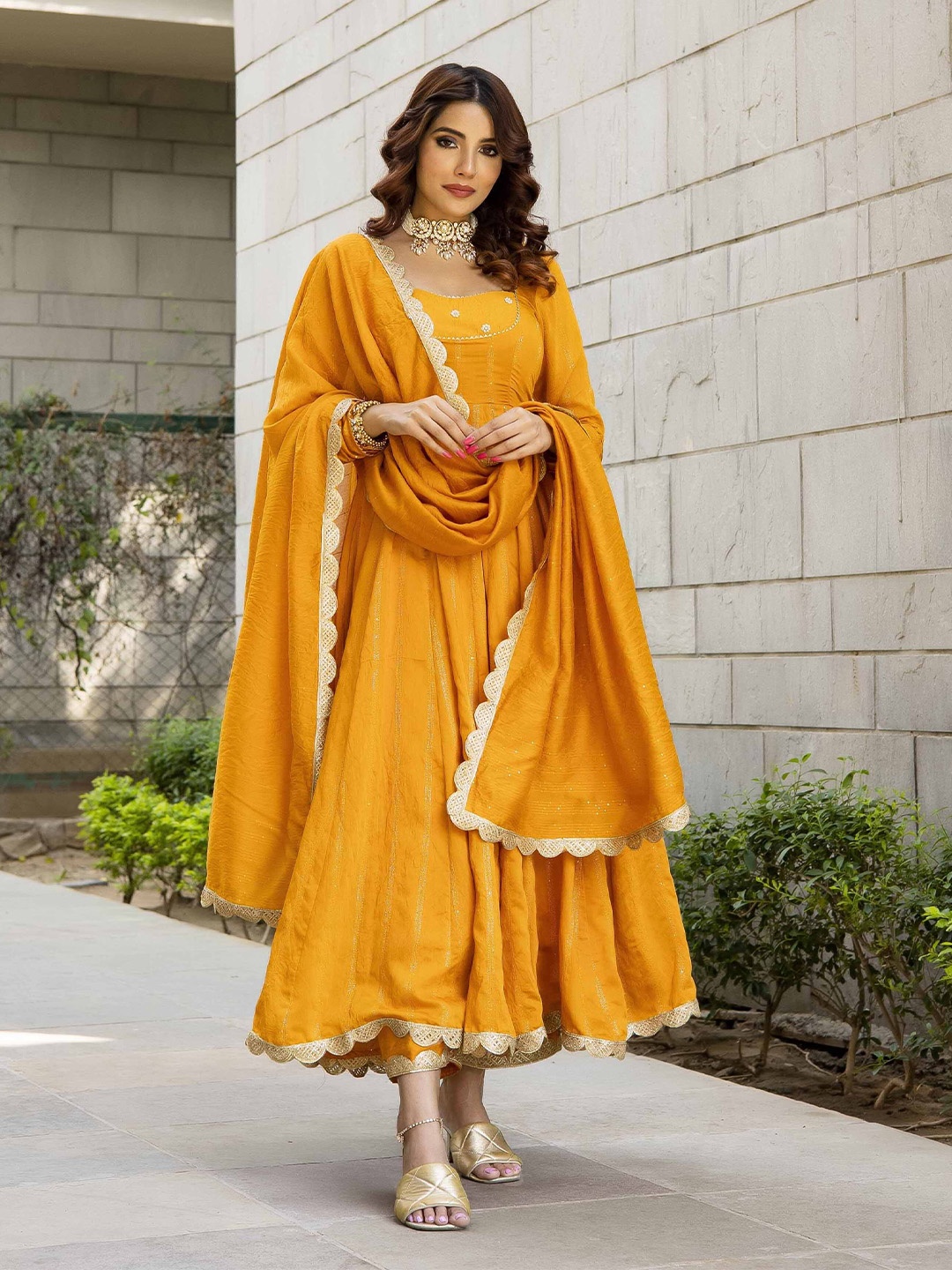 

LABEL ADITI HUNDIA Floral Embroided Chanderi Cotton Anarkali Kurta with Palazzos & Dupatta, Mustard
