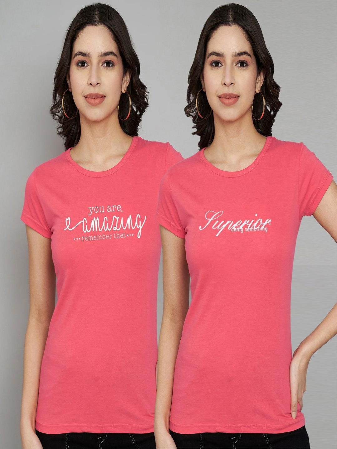 

Trend Level Women Pack Of 2 Typography Printed Round Neck Cotton T-shirts, Coral