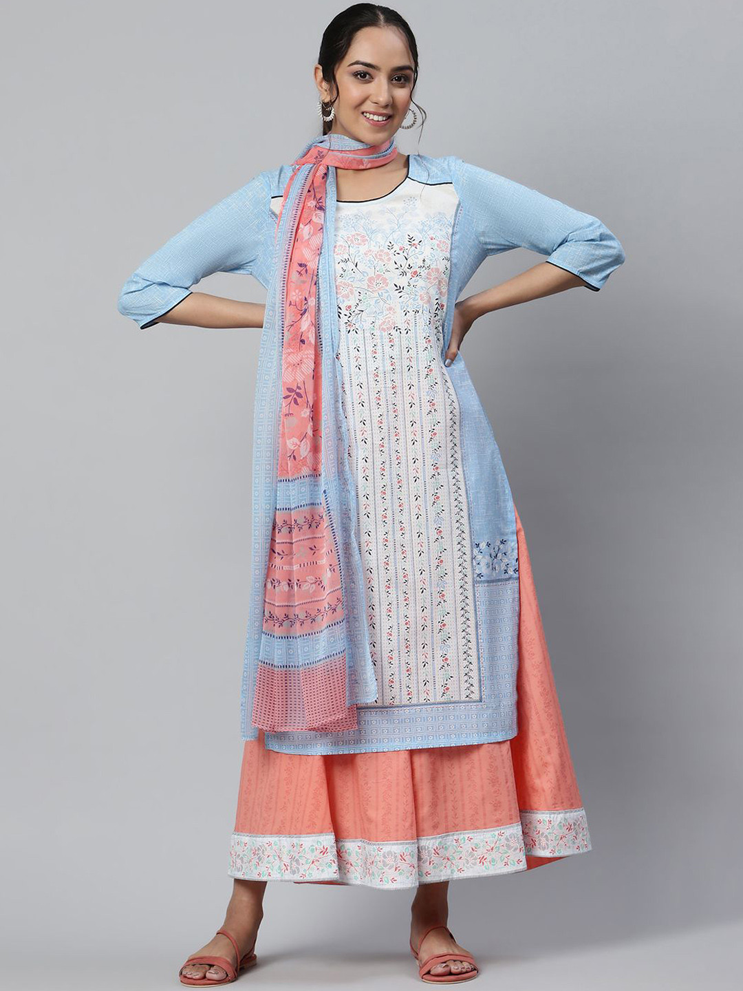 

AURELIA Floral Printed Round Neck Pure Cotton Straight Kurta with Palazzo & Dupatta, Blue