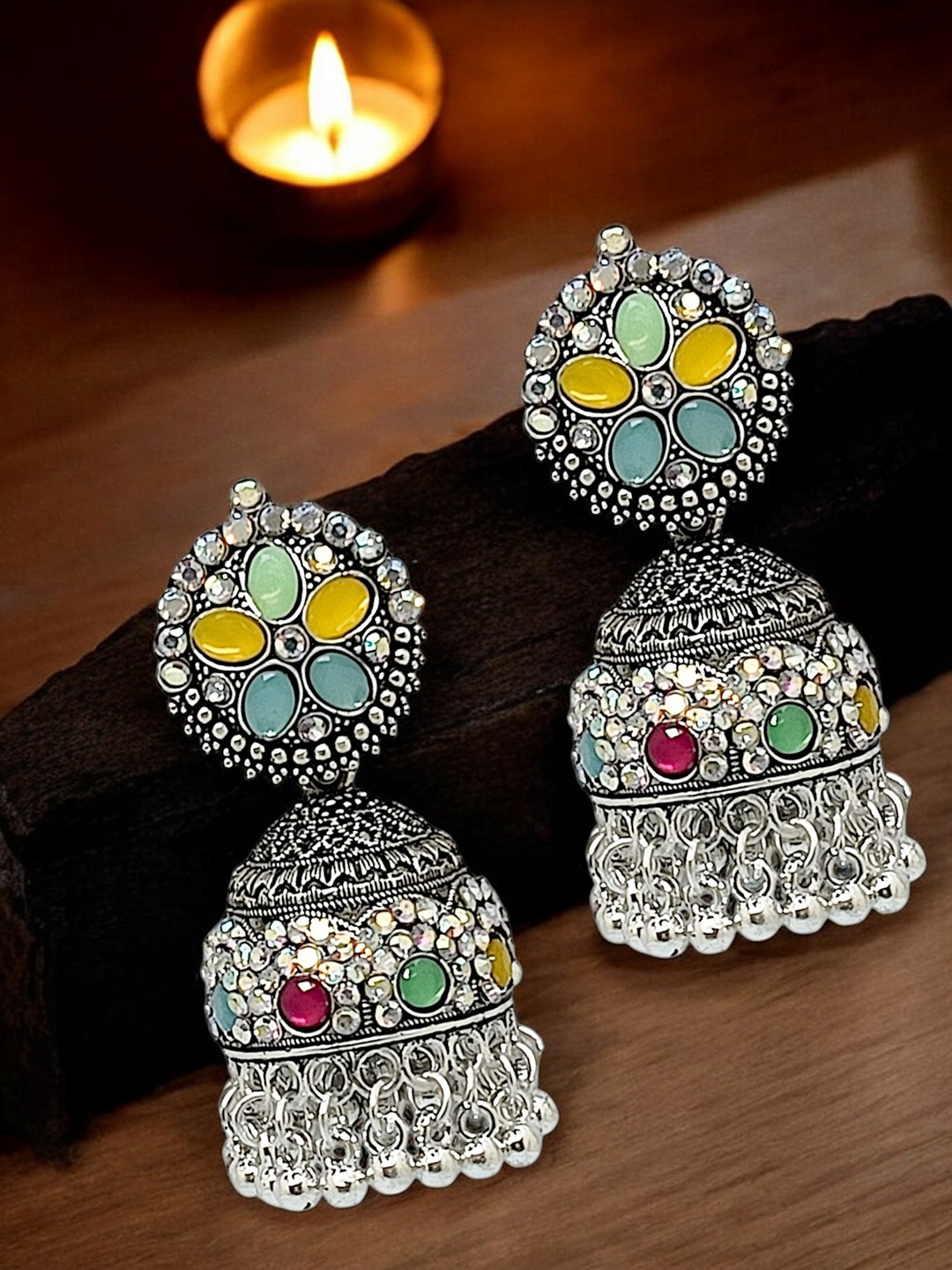 

9blings Silver Plated Stone Studded Dome Shaped Jhumkas