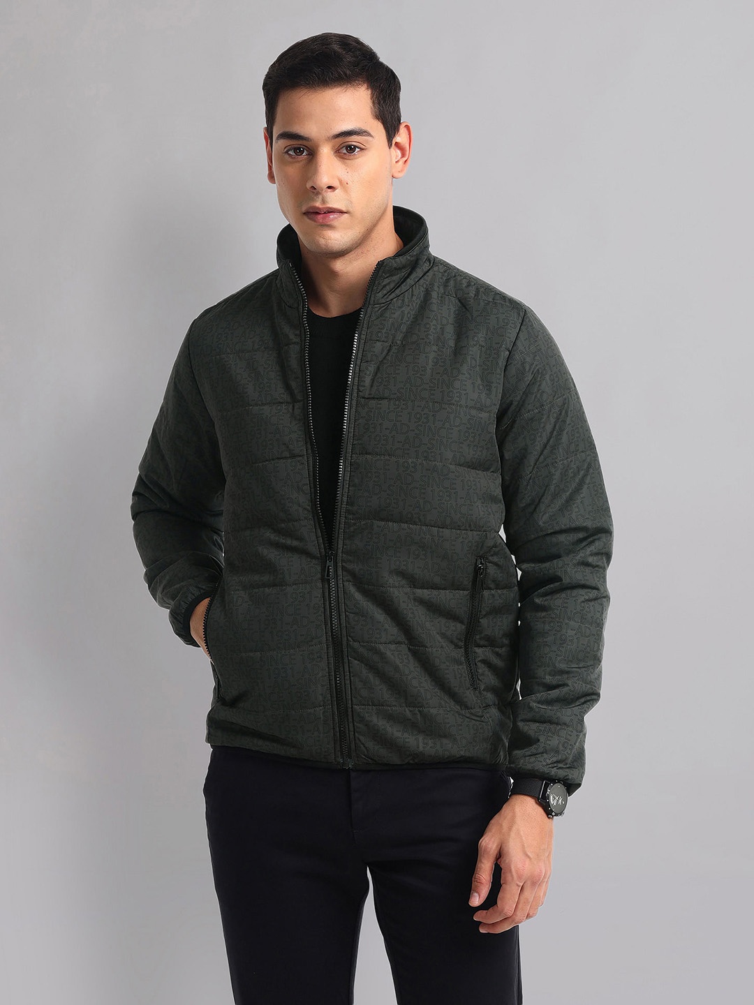 

AD By Arvind Men Mock Collar Typography Printed Casual Padded Jacket, Green