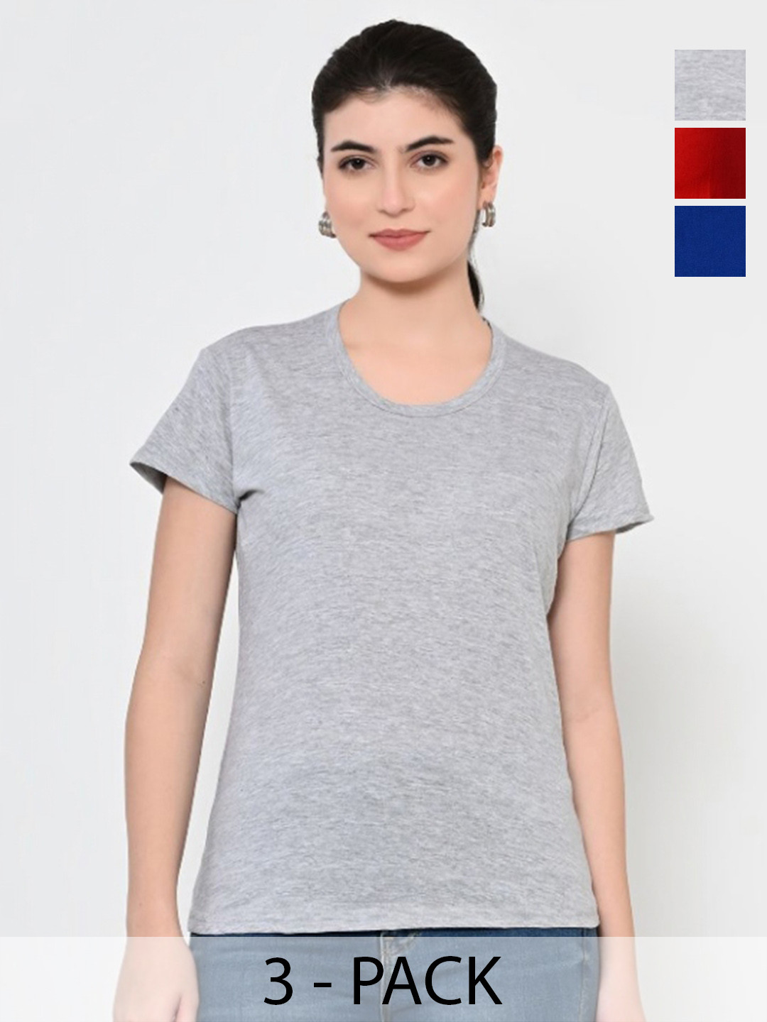 

BAESD Women Pack Of 3 Solid Round Neck Cotton T-shirts, Grey