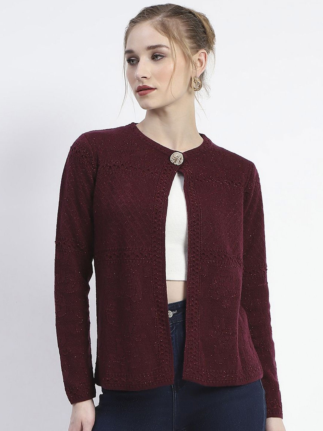

Madame Women Self Design Cable Knit Henley Neck Cardigan Sweater, Maroon