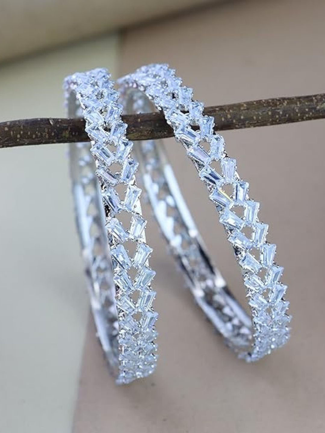 

I Jewels Set Of 2 Sliver Plated CZ & American Diamonds Stone Studded Bangles, Silver