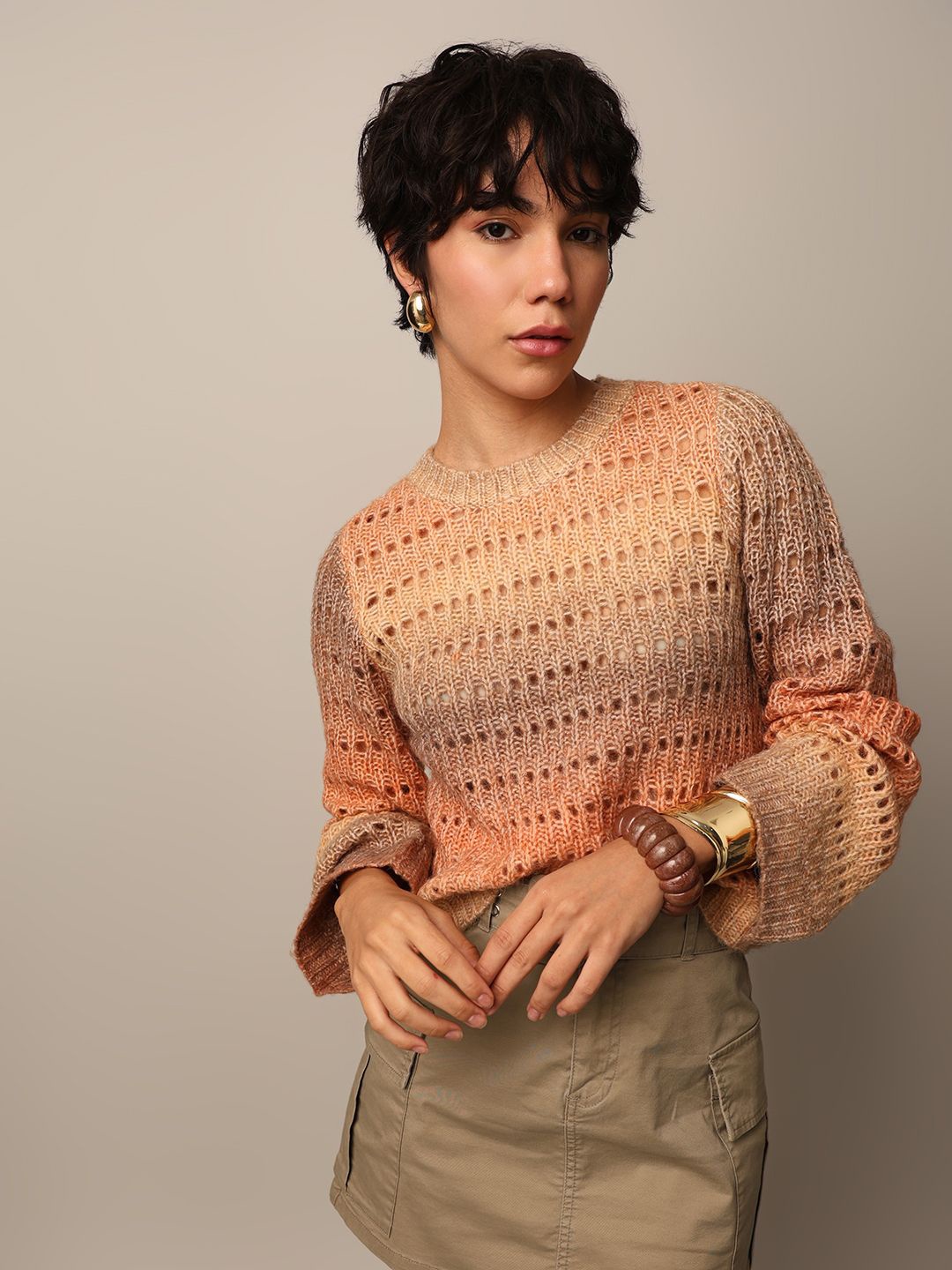 

ONLY Women Self Design Ribbed Pullover Sweater, Beige