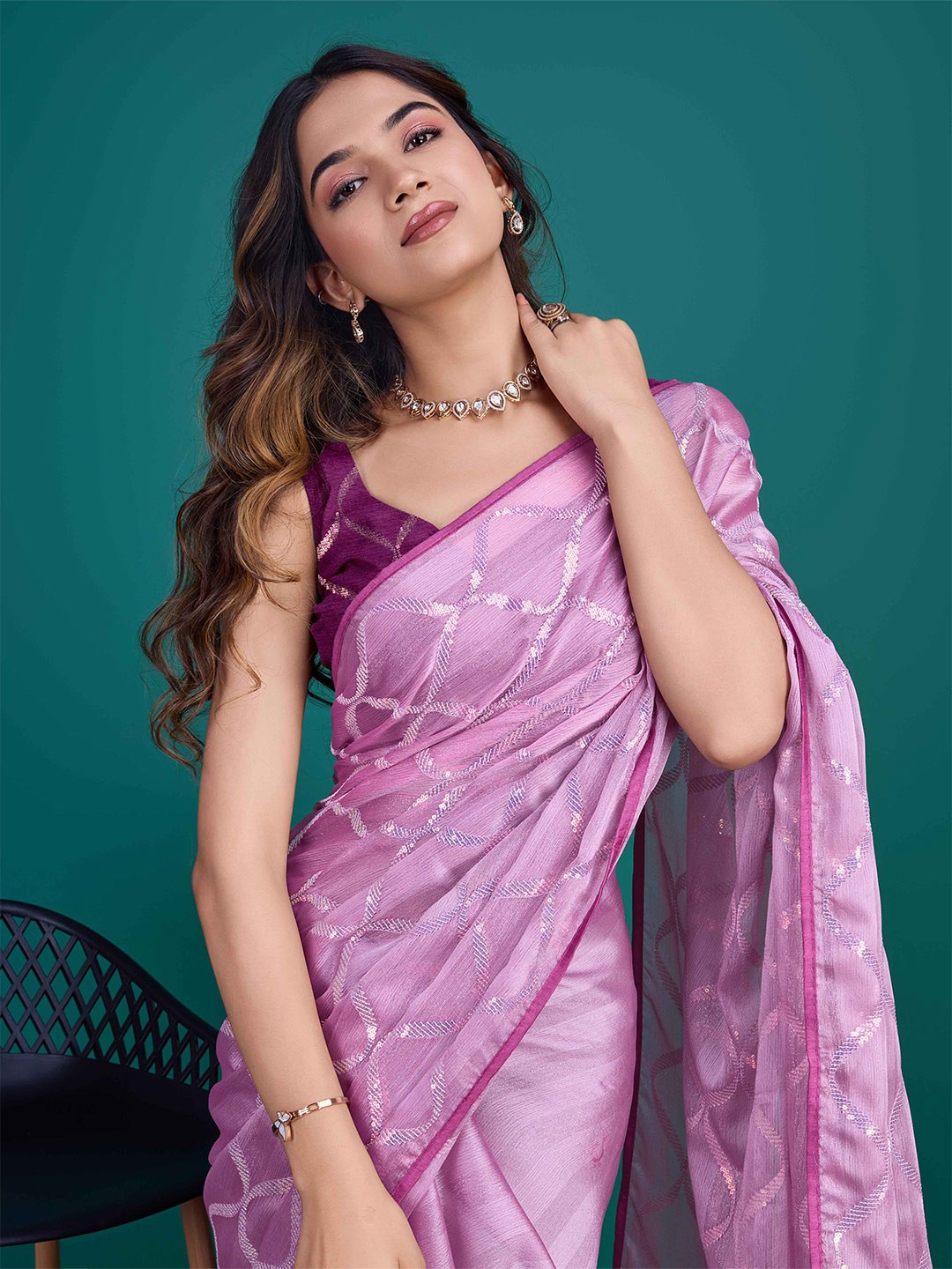 

Mitera Sequinned Embroidered Saree, Lavender