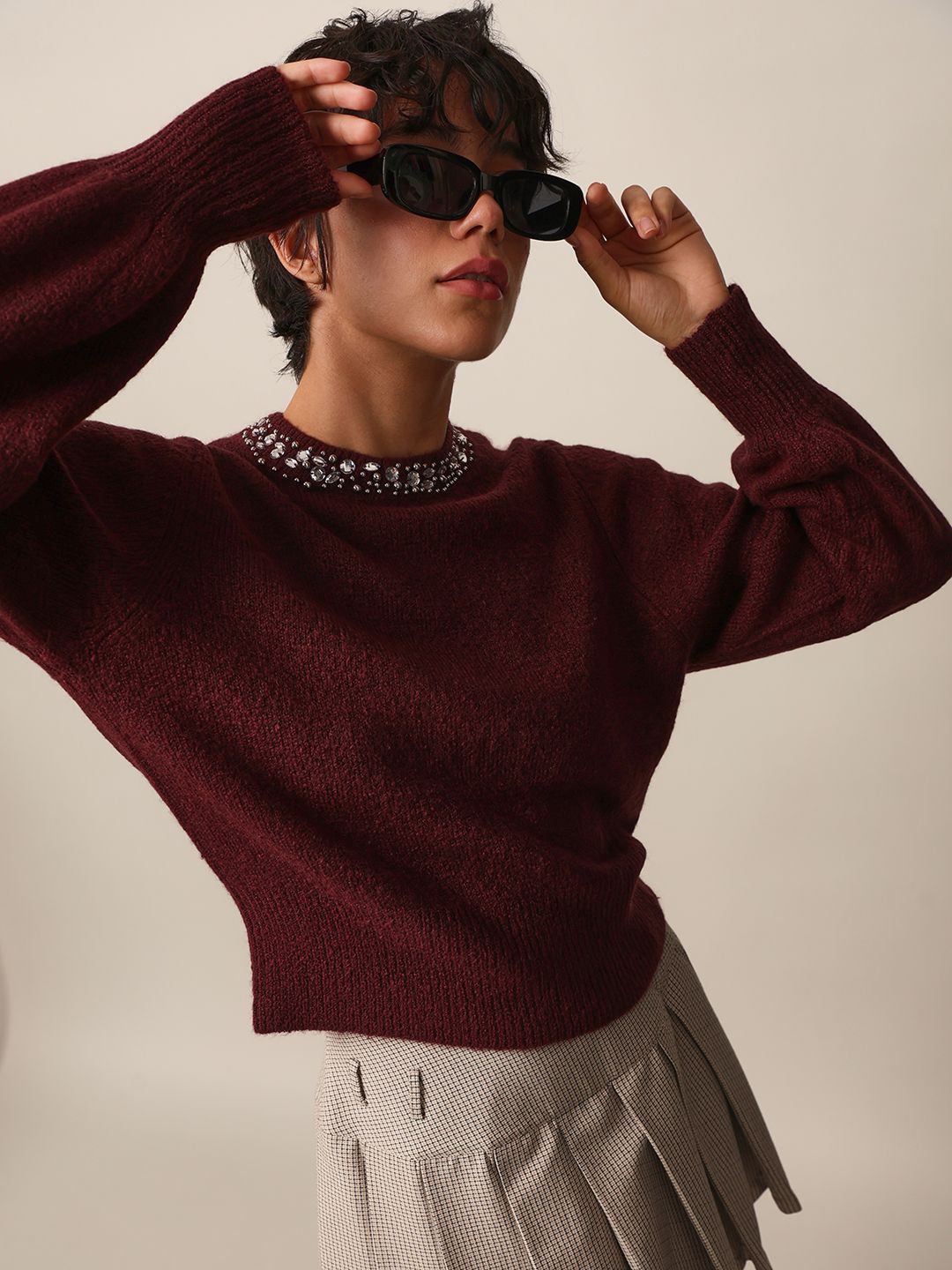 

ONLY Women Solid Pullover Round Neck Embellished Sweater, Maroon