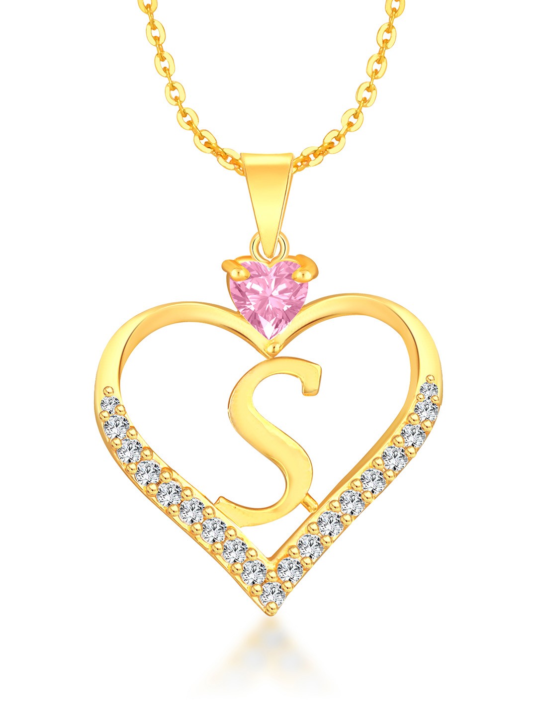 

Heer Collection Gold-Plated CZ Studded Alphabet S Heart Shaped Pendant With Chain