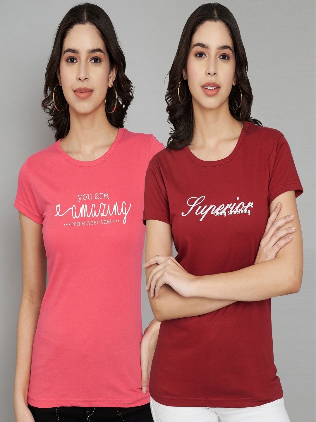 

Trend Level Women Pack Of 2 Typography Printed Round Neck Cotton T-shirts, Coral