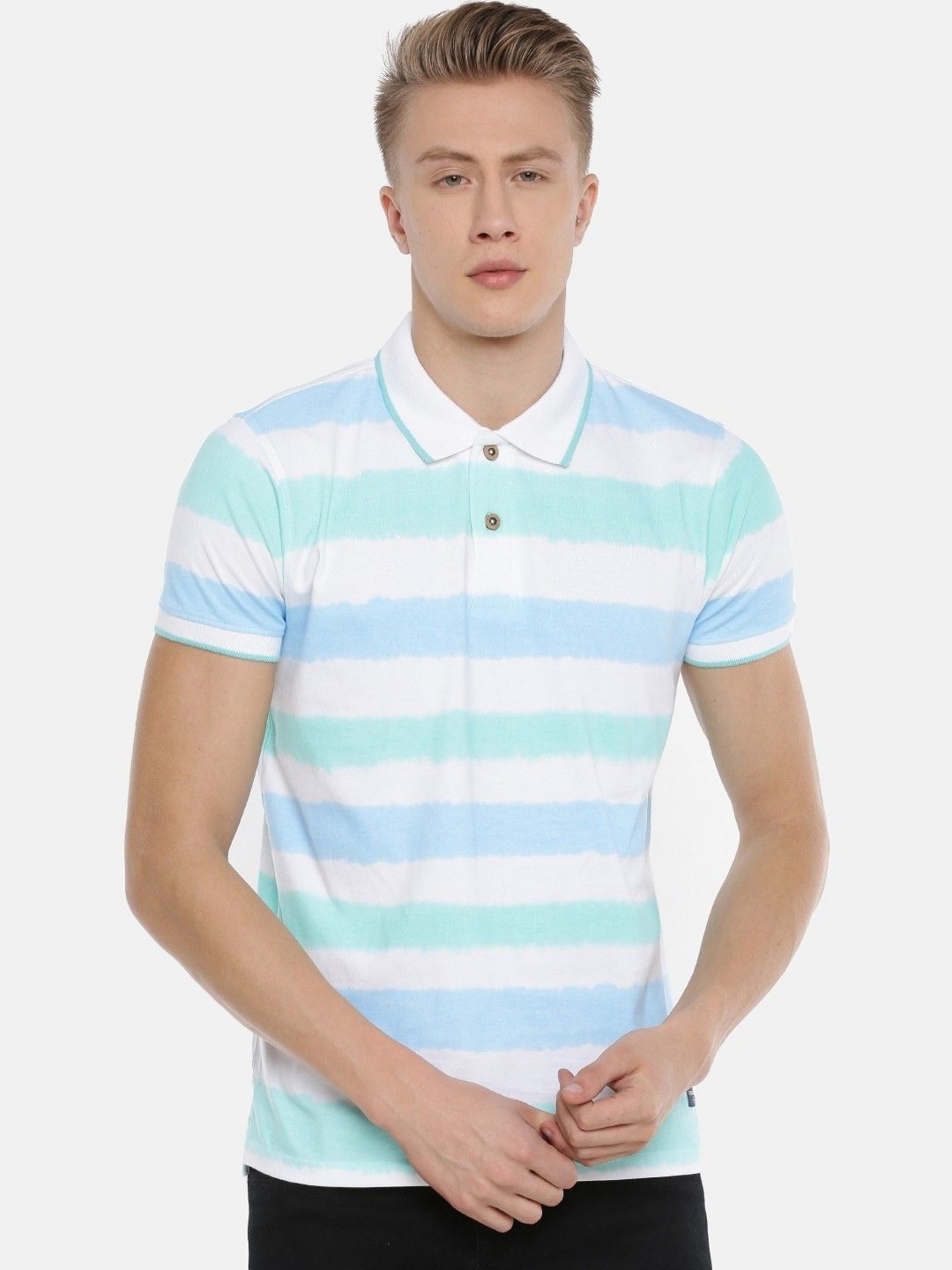 

Steenbok Men Striped Polo Collar Cotton T-shirt, White