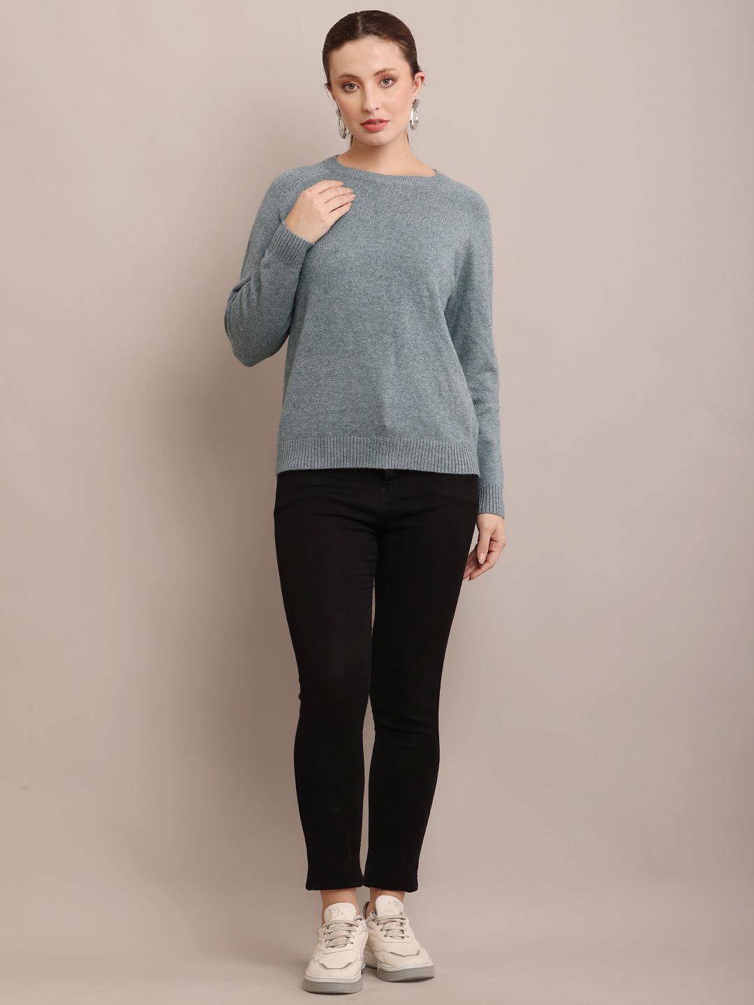 

NoBarr Women Ribbed Self Design Round Neck Pullover Ribbed Sweater, Grey