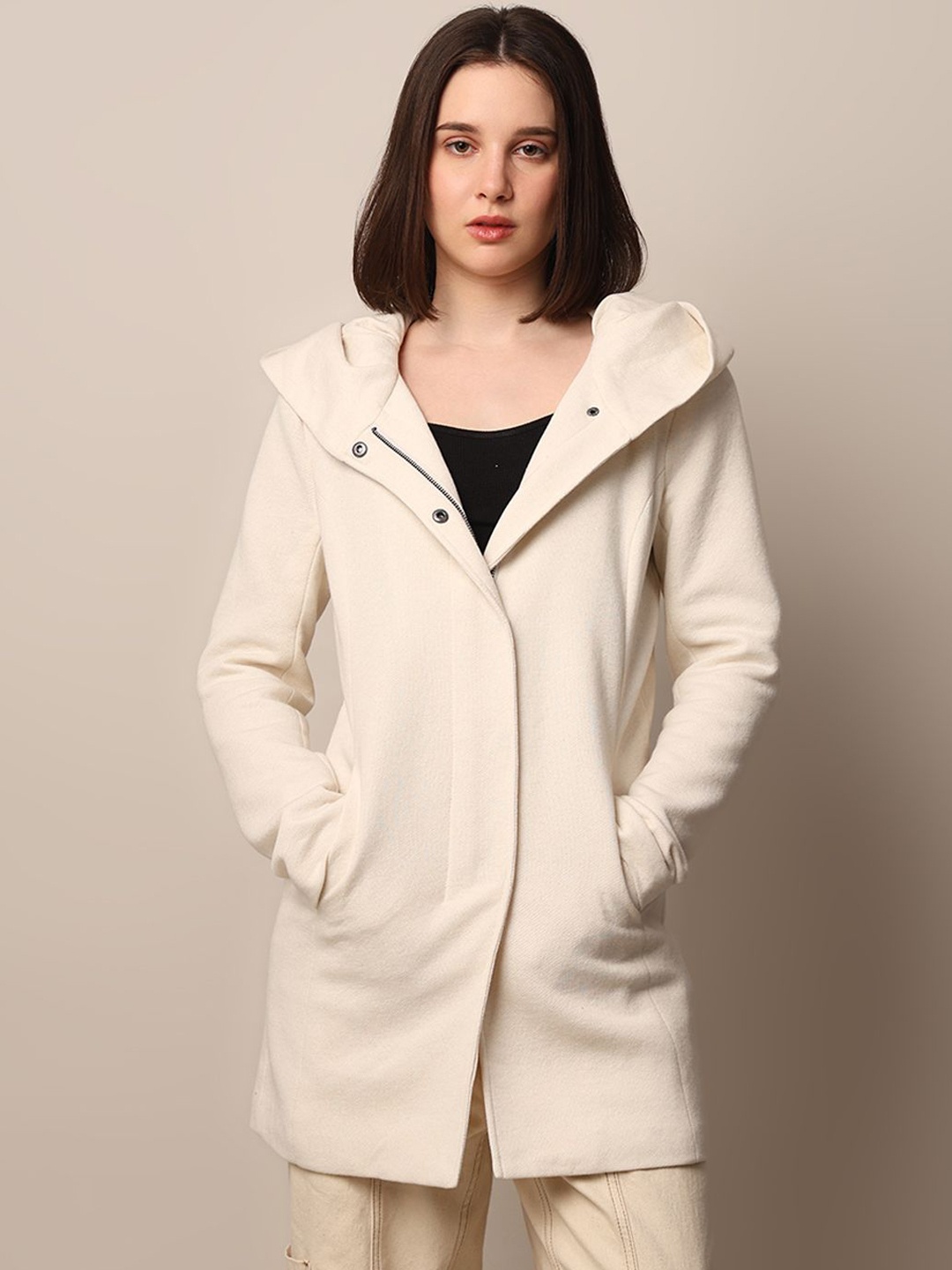 

ONLY Women Solid Hooded Overcoat, Cream