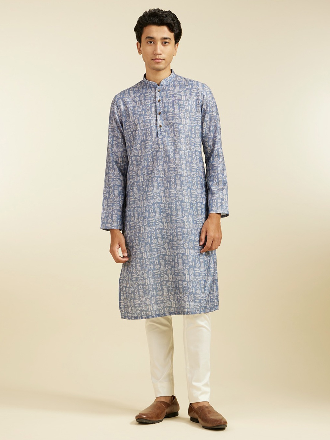 

Diwas by Manyavar Men Abstract Printed Mandarin Collar Cotton Straight Kurta, Grey