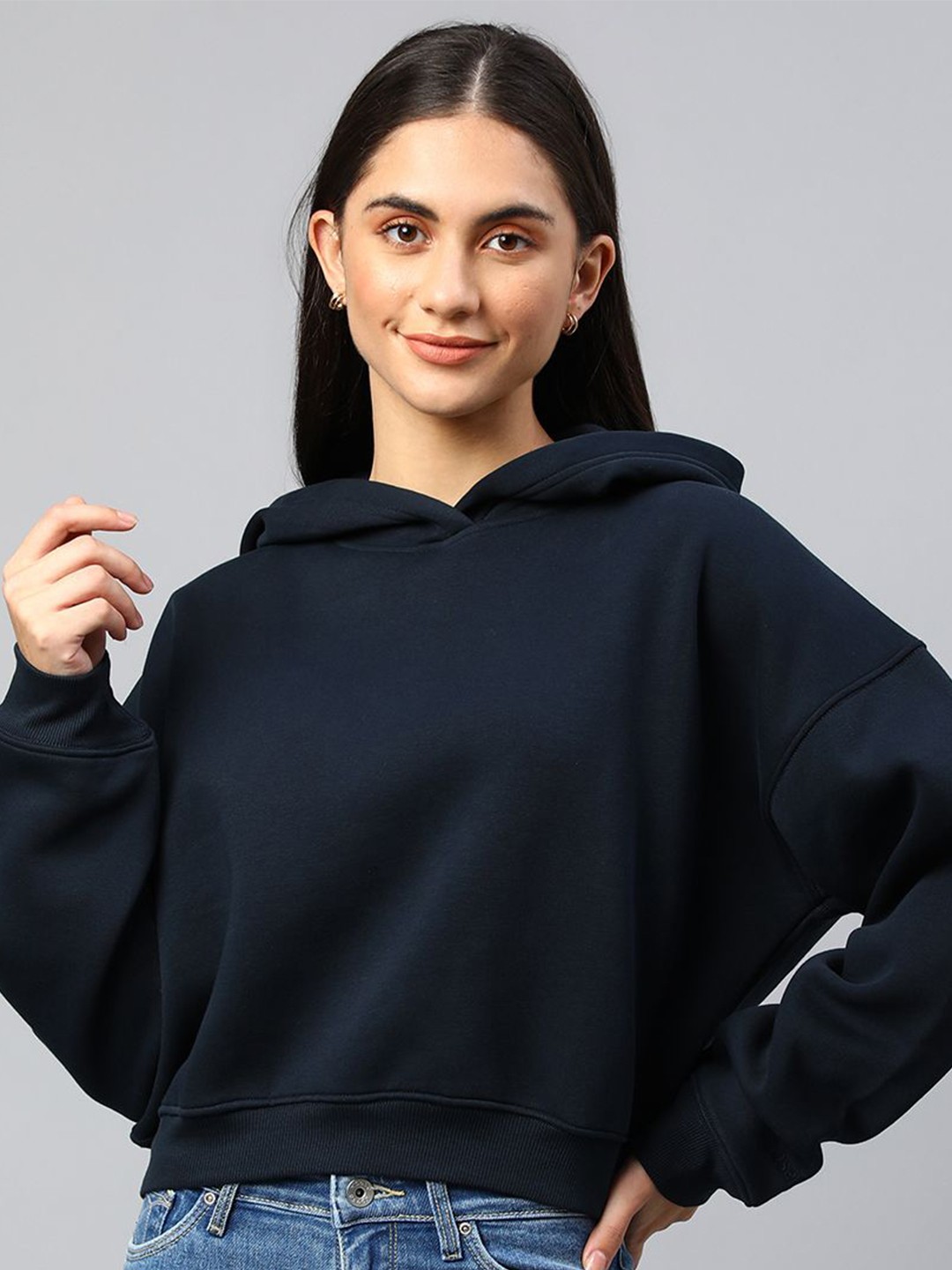 

Xpose Women Solid Hood Wool Pullover Sweatshirt, Navy blue