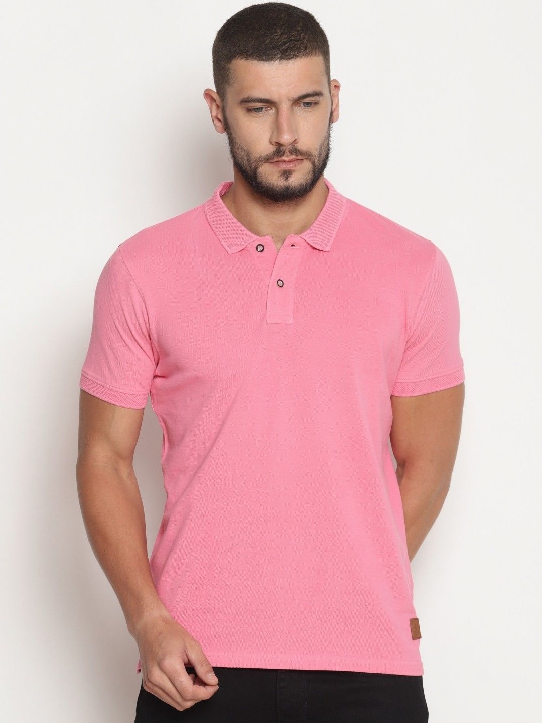 

Steenbok Men Solid Polo Collar Cotton T-shirt, Pink