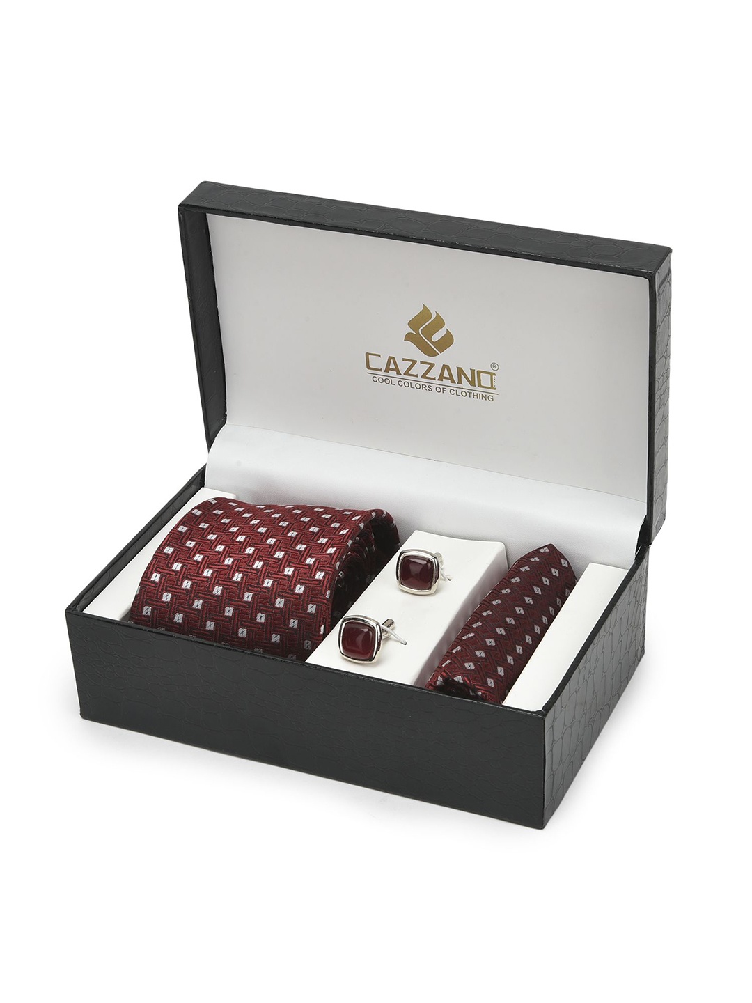 

Cazzano Men Checked Embroidered Slim Tie Cufflinks & Pocket Square Accessory Gift Set, Maroon