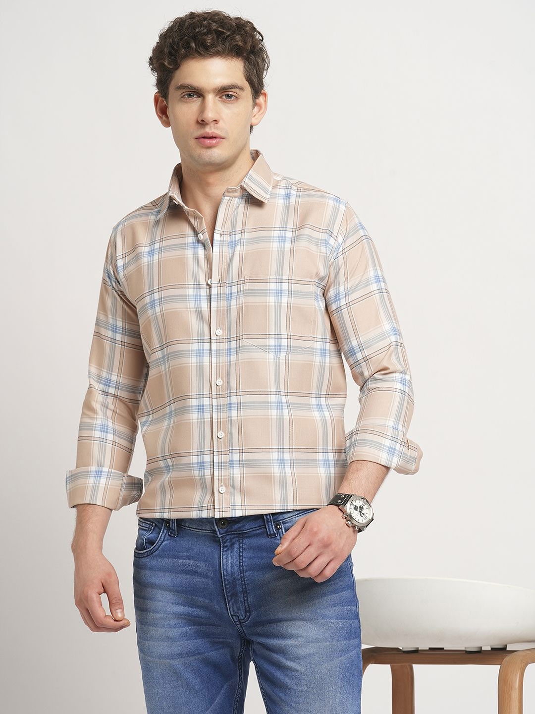 

TRYBUY.IN Men Standard Spread Collar Tartan Checked Cotton Casual Shirt, Peach