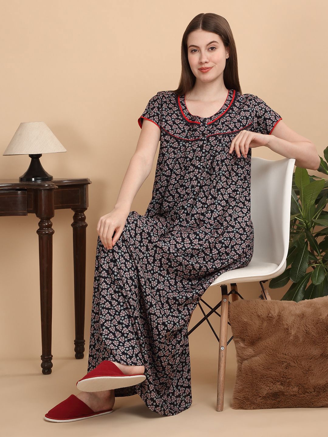 

Sweet Dreams Women Printed Maxi Pure Cotton Nightdress, Navy blue