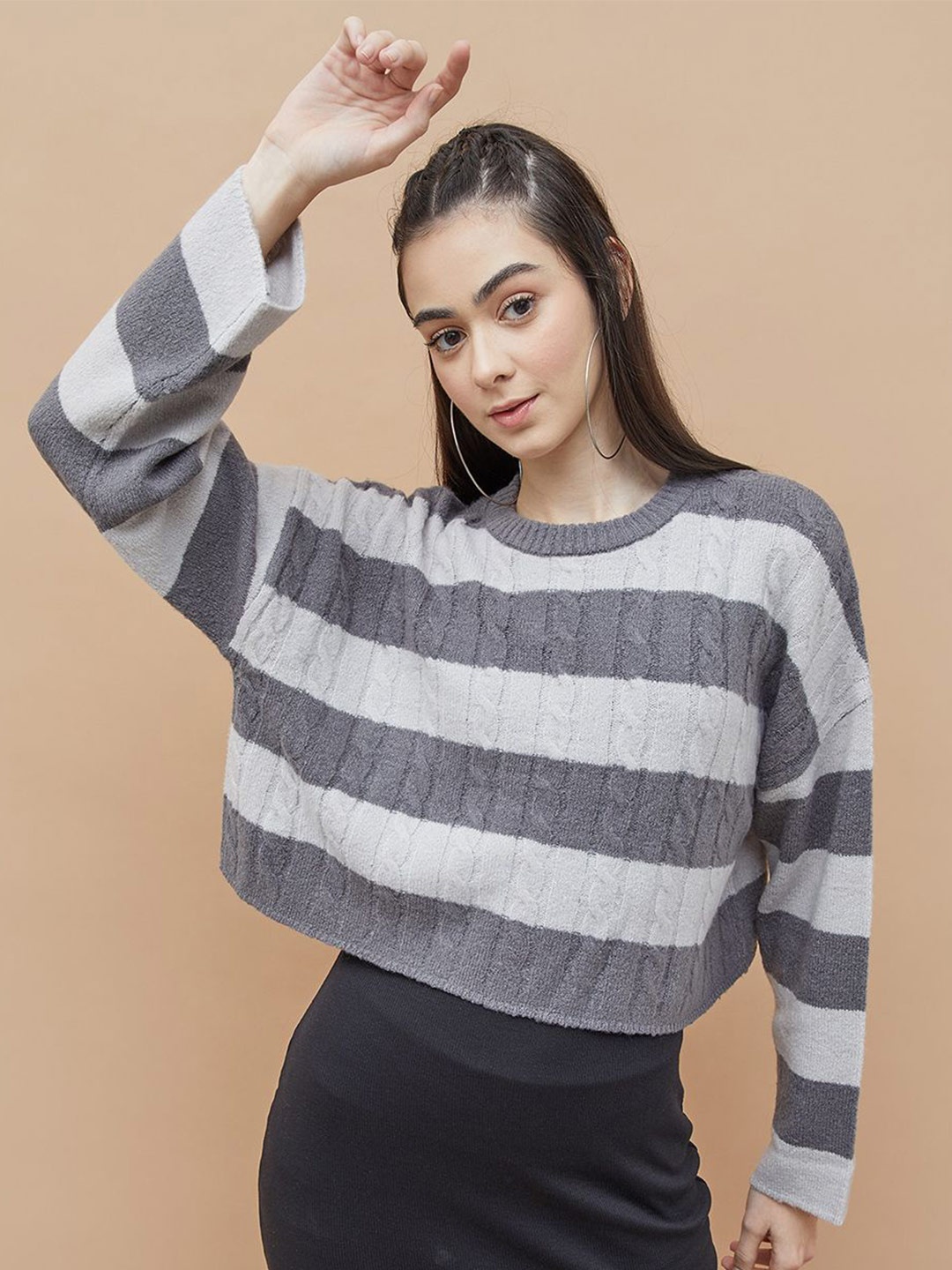 

Ginger by Lifestyle Women Striped Round Neck Acrylic Pullover Sweatshirt, Grey