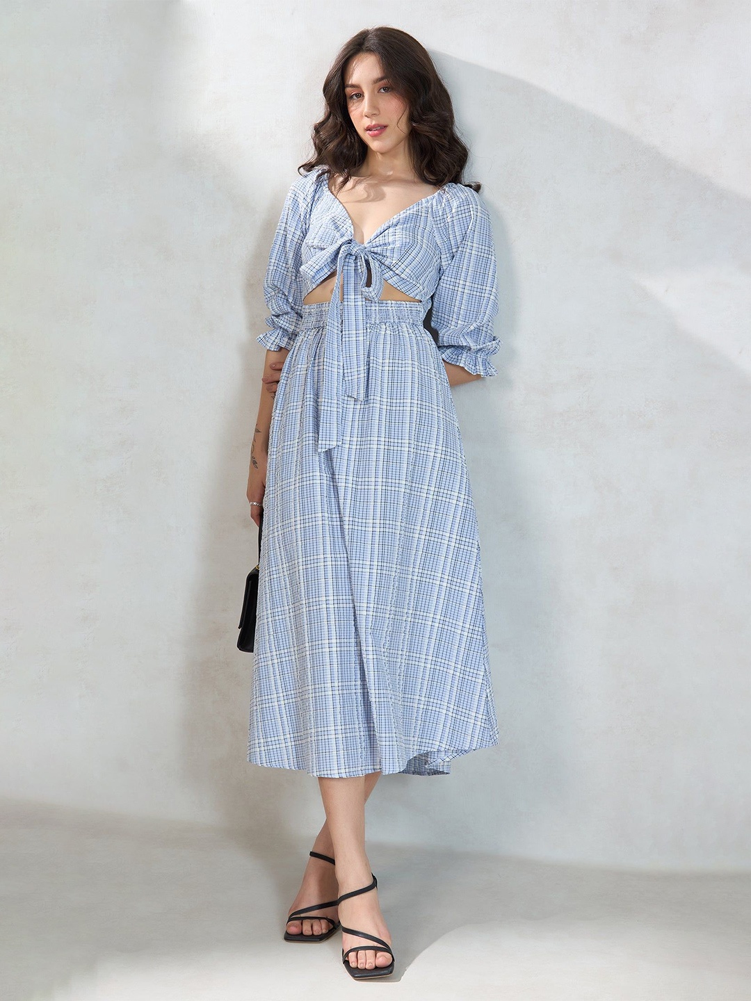

Virgio Women Cotton Checked Fit & Flare Cut Out Details Midi Dress, Blue