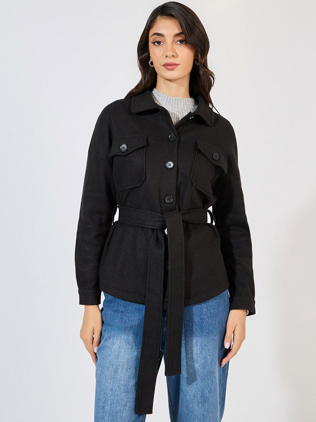 

Styli Women Spread Collar Solid Wool Casual Open Front Jacket, Black