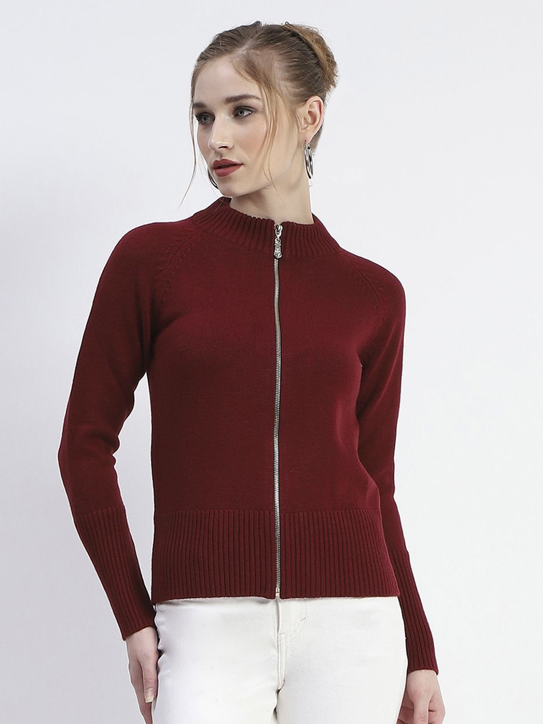 

Madame Women Self Design Cardigan Sweater, Maroon
