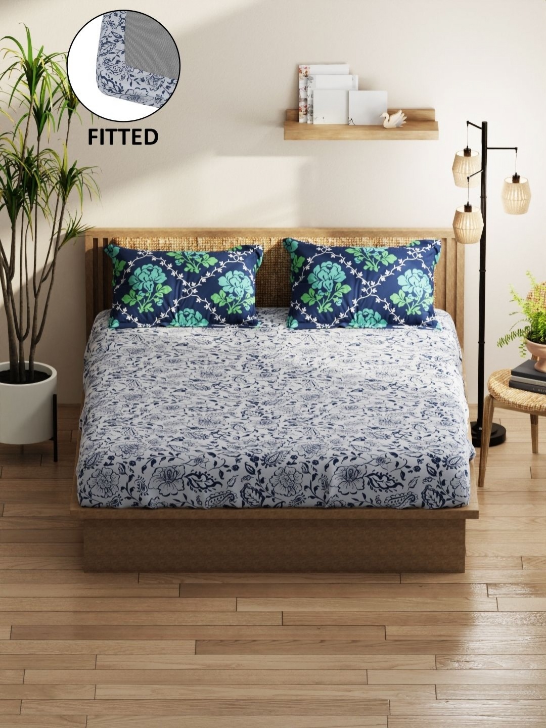 

KOPA Grey Floral 152 TC Microfiber Fitted Queen Bedsheet Set 1.68 m x 1.98 m x 25 cm