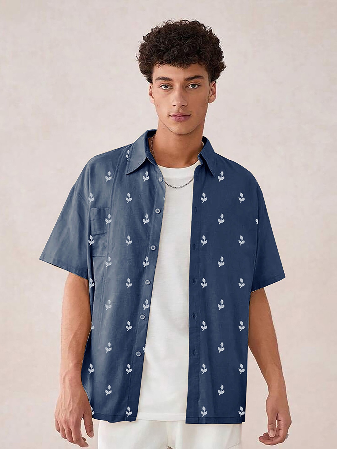 

HAMPTONS Mens Pure Cotton Embroidered Half Sleeve Shirt, Blue